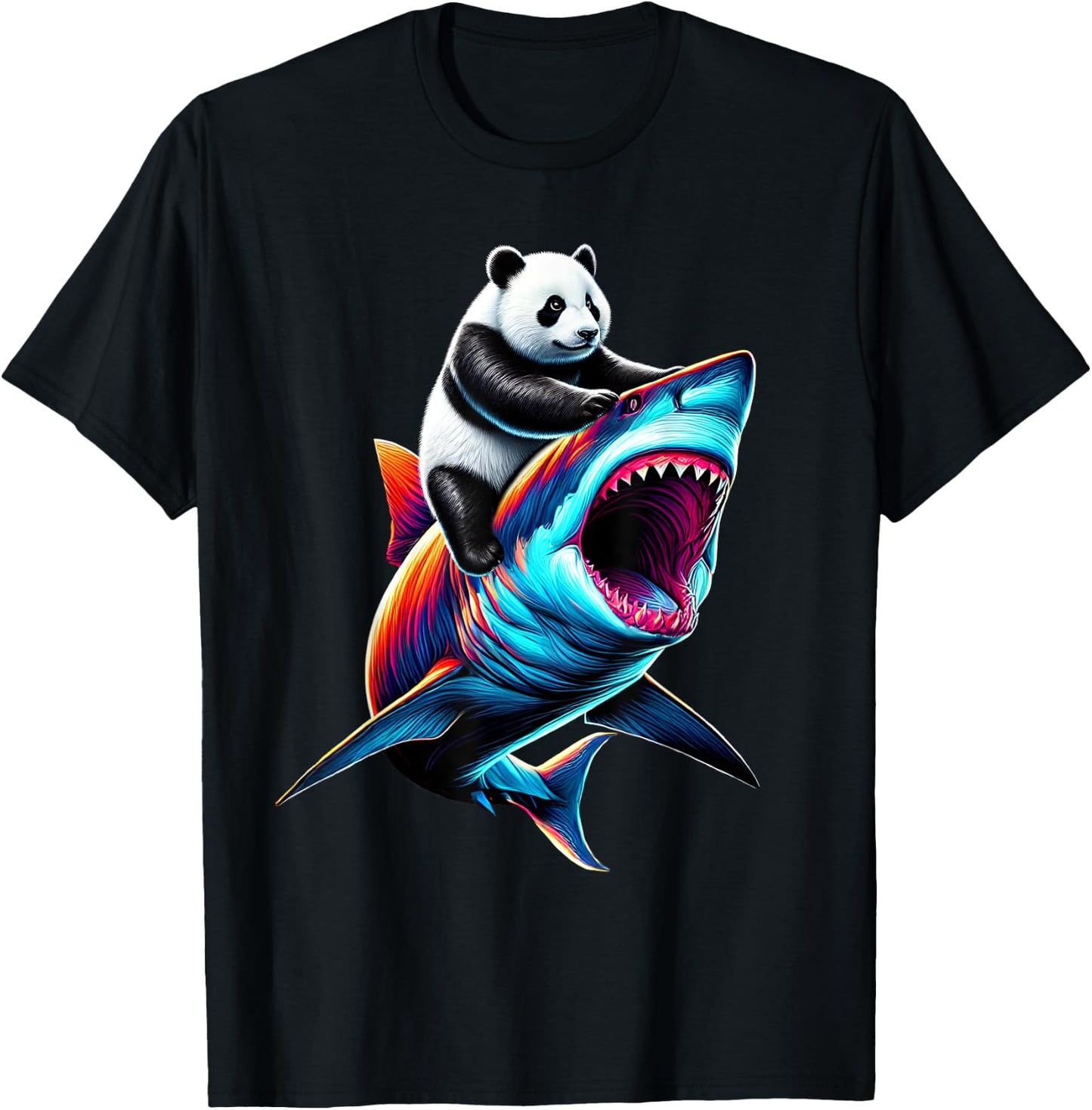 Funny Panda Riding Shark Panda Lover T-Shirt - T-Shirt | Black
