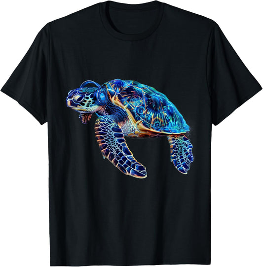 Cool Sea Turtle Animal Lover Beach Hawaiian Headphone Ocean T-Shirt - T-Shirt | Black