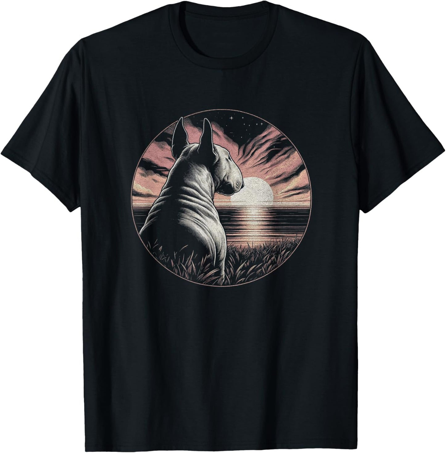 Vintage Bull Terrier Dog Retro Sunset Scene Art Design T-Shirt - T-Shirt | Black