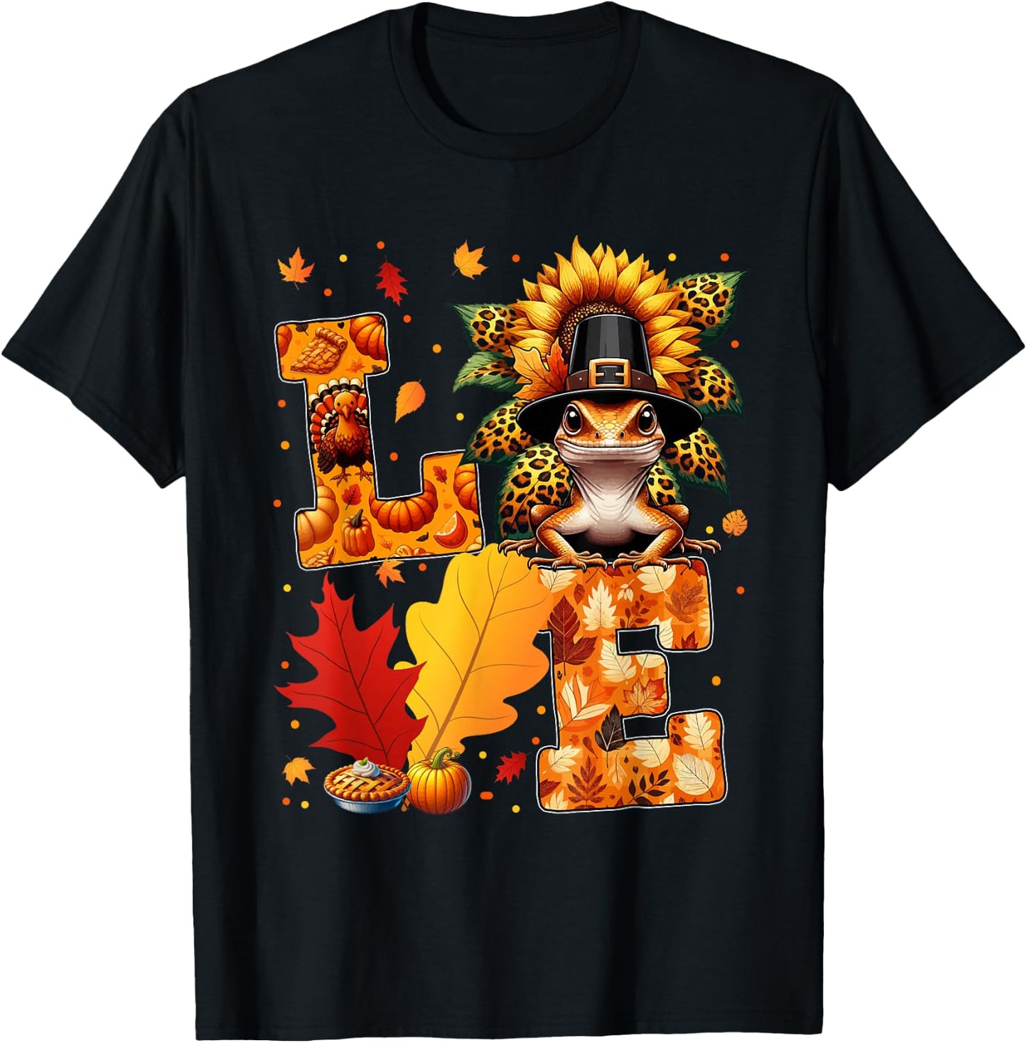 LOVE Thanksgiving Gecko Costume Fall Leaves Sunflower T-Shirt - T-Shirt | Black