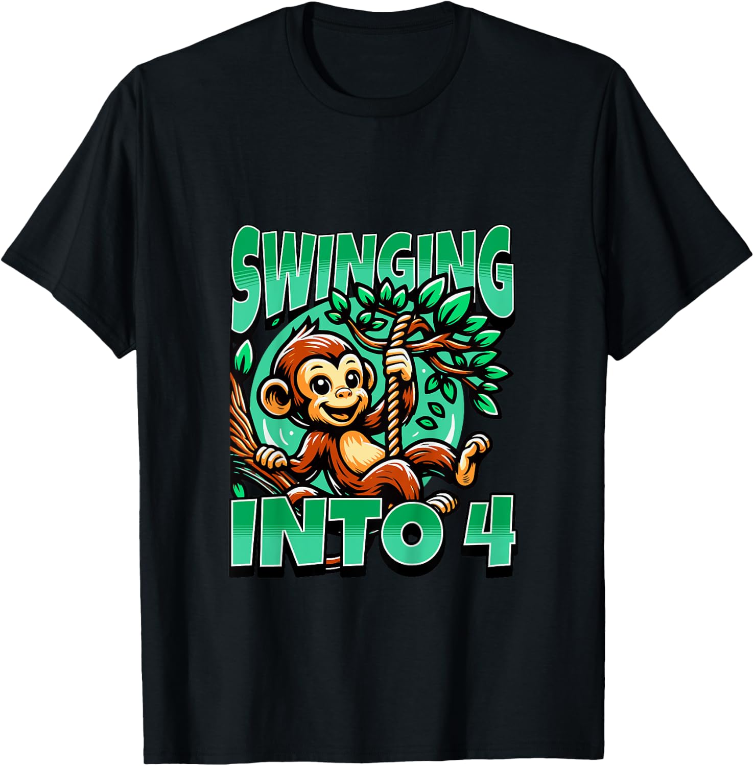 Kids Monkey Swinging Into 4 Year Old 4th Birthday Boy Girl T-Shirt - T-Shirt | Black