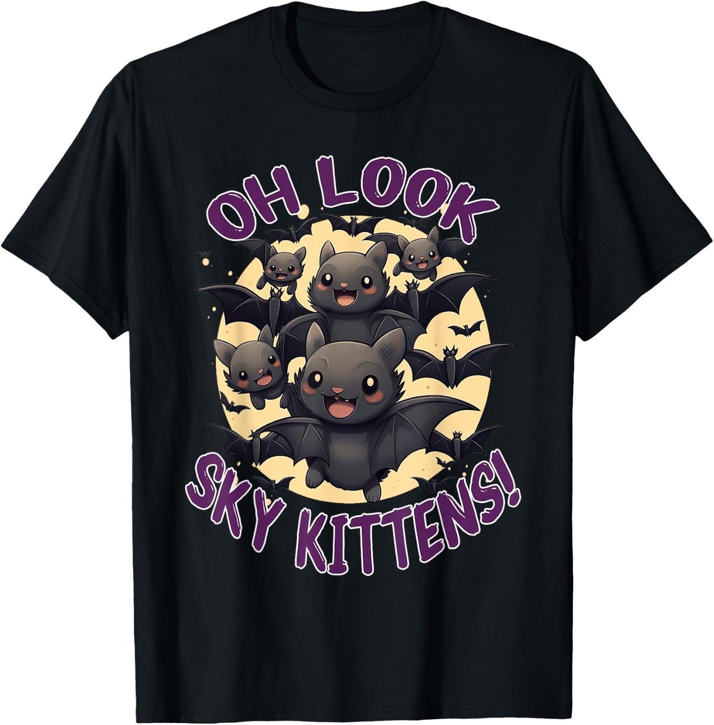 Funny Bat Sky Kittens Halloween T-Shirt - T-Shirt | Black