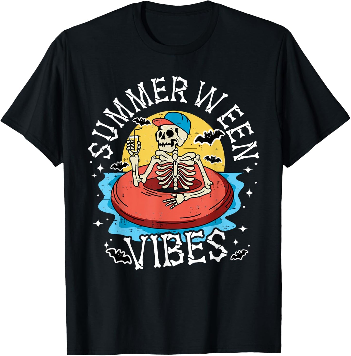 Summerween Vibes Skeleton Float Summer Halloween Men Women Kids T-Shirt - T-Shirt | Black