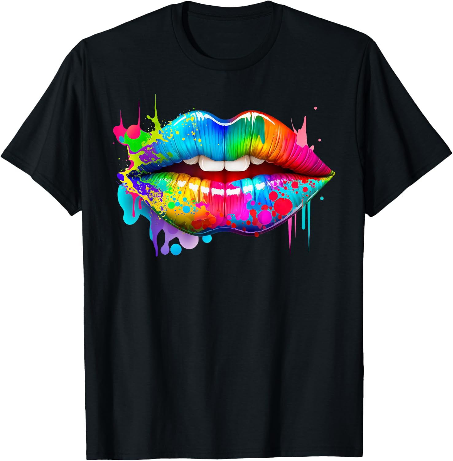 Colorful Lips Trendy Kiss Mouth Women Bright Mouth Dripping T-Shirt - T-Shirt | Black