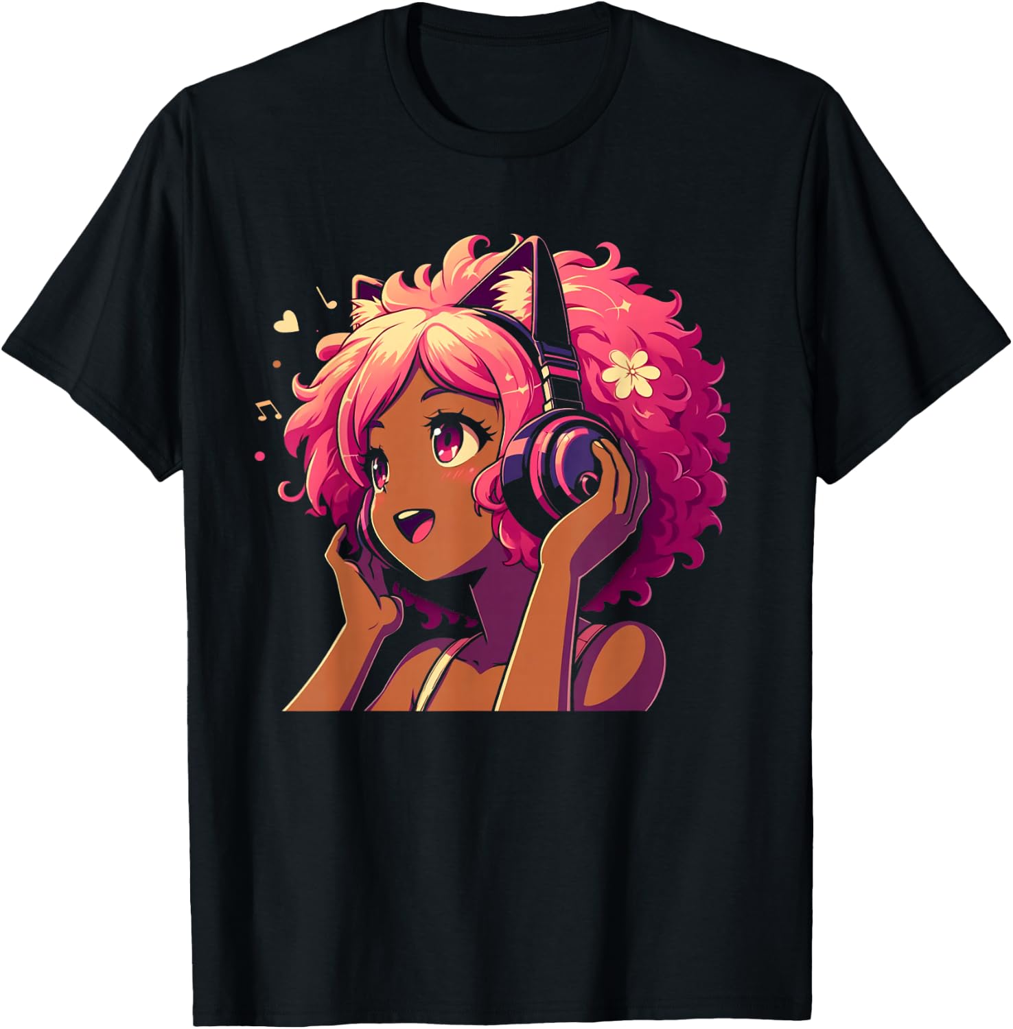 Anime and Music Black Girl Anime Merch Afro African American T-Shirt - T-Shirt | Black