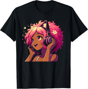 Anime and Music Black Girl Anime Merch Afro African American T-Shirt - T-Shirt | Black
