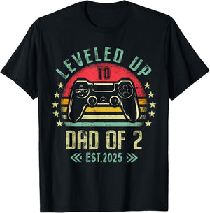 I Leveled Up To Dad of 2 2025 Promoted To Dad Of Two Kids T-Shirt - T-Shirt | Black