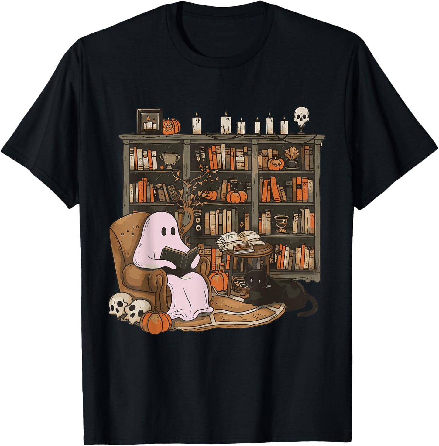 Ghost Reading Book Cat lover Halloween Reading enthusiast T-Shirt - T-Shirt | Black