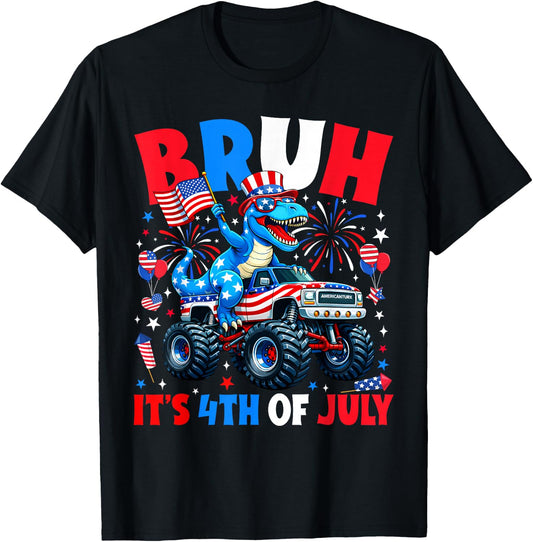 Bruh It's 4th of July Monster Truck T-Rex Dinosaur Boys Kids T-Shirt - T-Shirt | Black