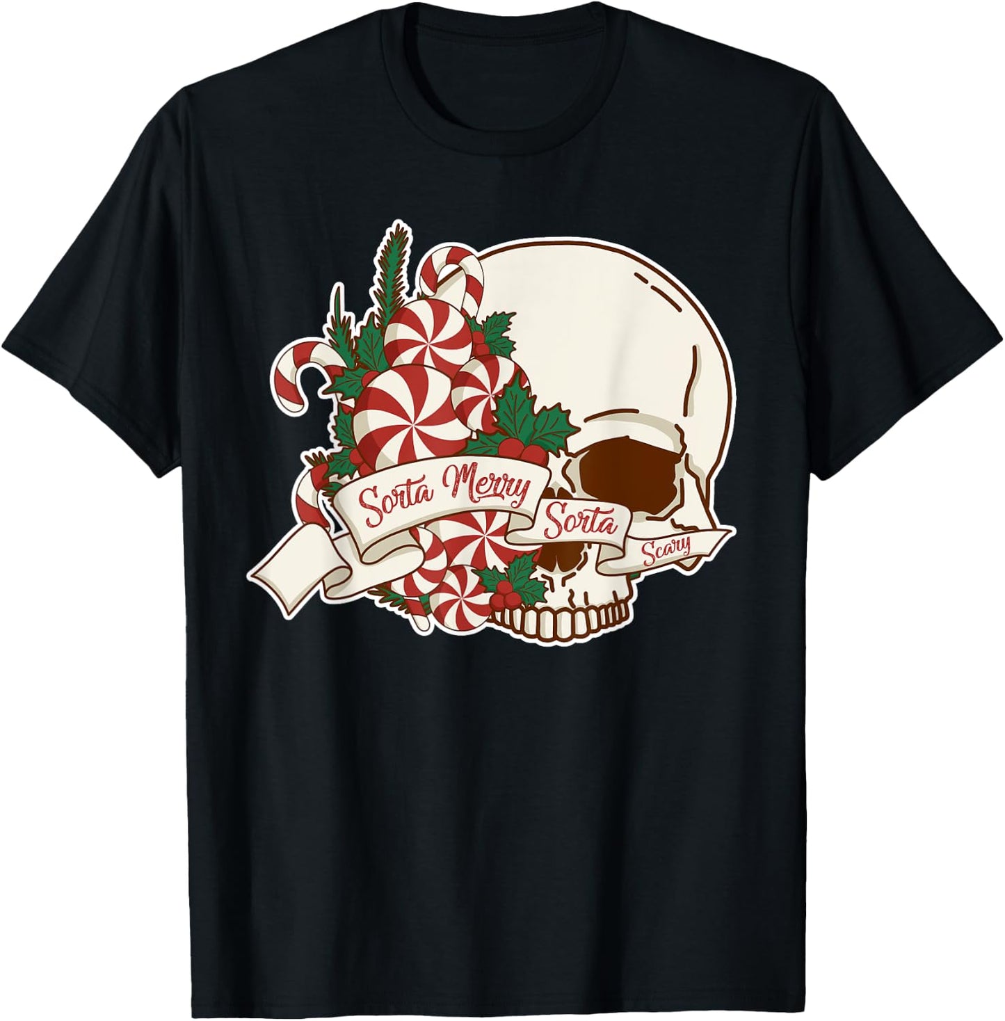 Sorta Merry Sorta Scary Skull Christmas Peppermint Candy T-Shirt - T-Shirt | Black