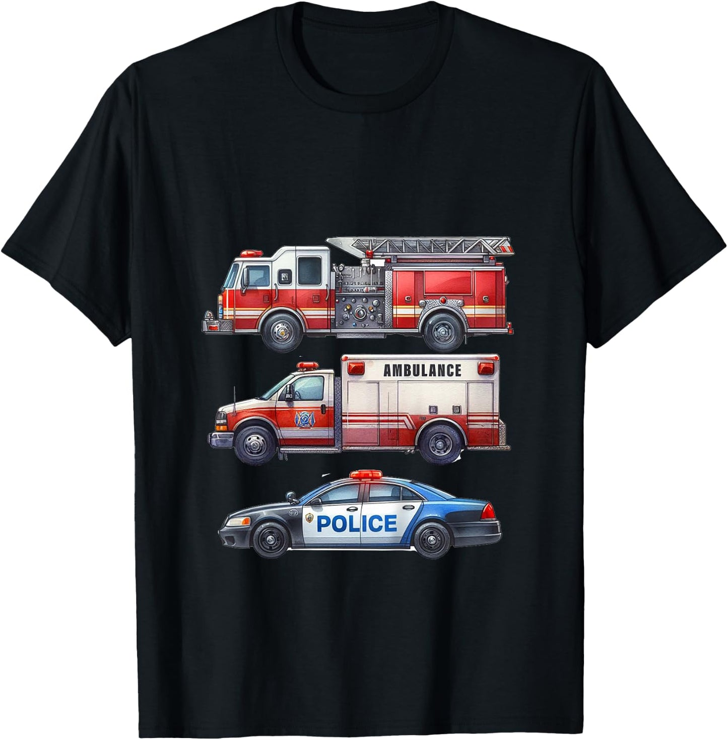 Kids Emergency Rescue Vehicle Boy Fire Truck Police Car Ambulance T-Shirt - T-Shirt | Black