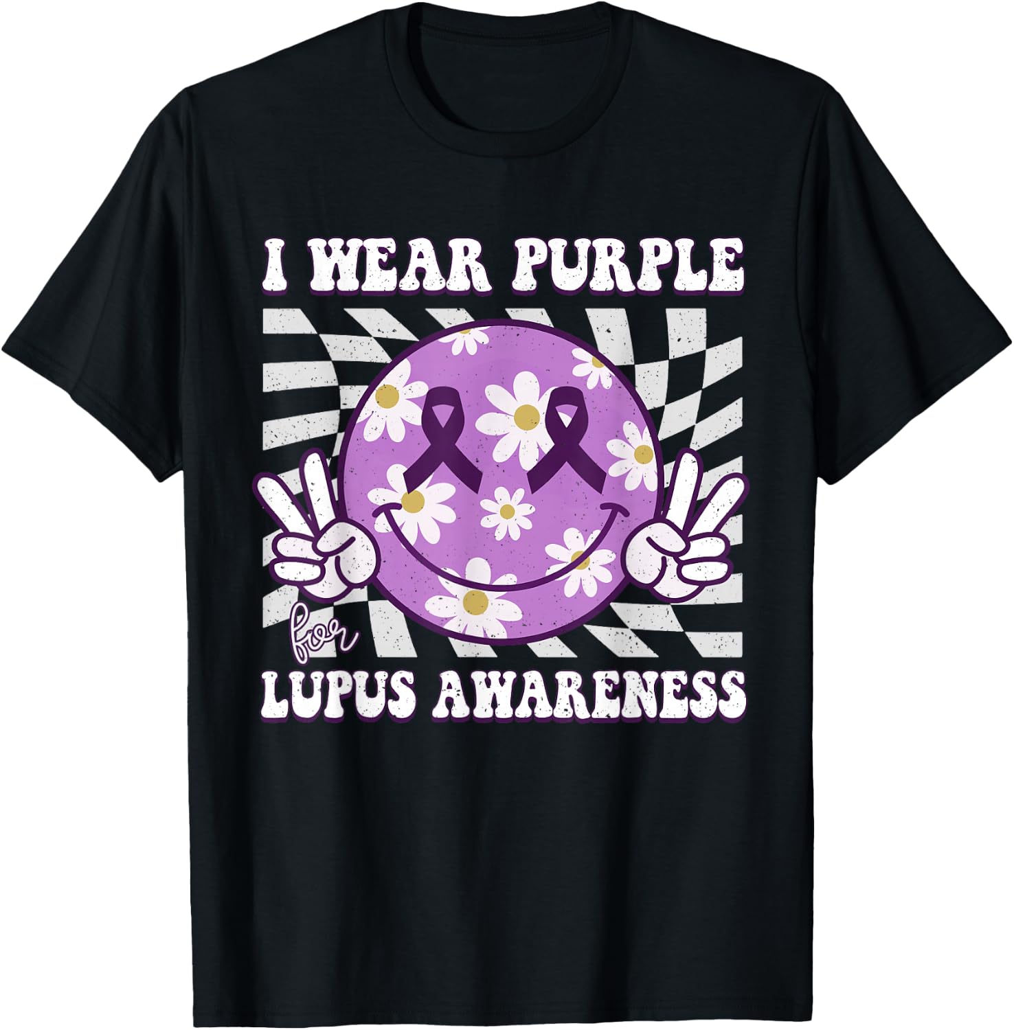 Retro Lupus Awareness Smile Hippie Checkered Purple Ribbon T-Shirt - T-Shirt | Black