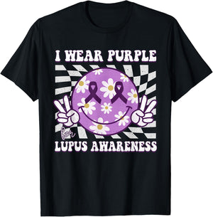 Retro Lupus Awareness Smile Hippie Checkered Purple Ribbon T-Shirt - T-Shirt | Black
