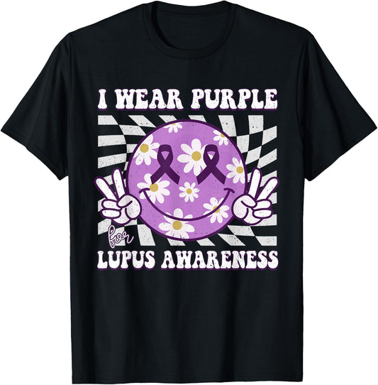 Retro Lupus Awareness Smile Hippie Checkered Purple Ribbon T-Shirt - T-Shirt | Black