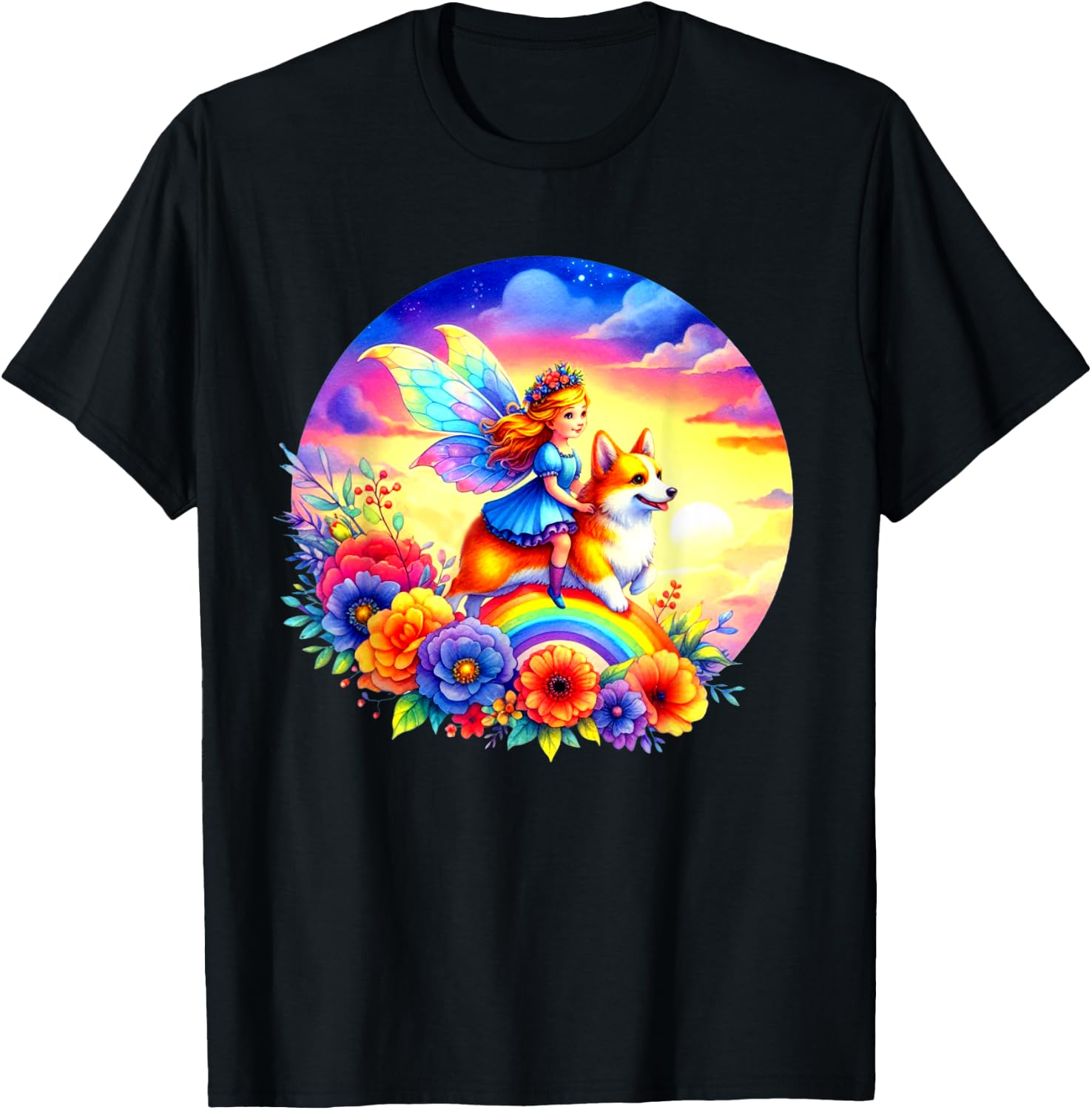 Fairy Riding Corgi Dog Rainbow Flowers Corgi Dog Lovers Art T-Shirt - T-Shirt | Black