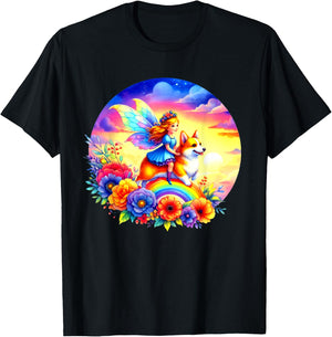 Fairy Riding Corgi Dog Rainbow Flowers Corgi Dog Lovers Art T-Shirt - T-Shirt | Black