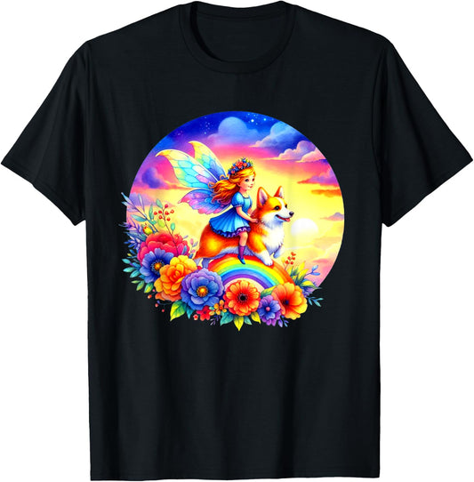Fairy Riding Corgi Dog Rainbow Flowers Corgi Dog Lovers Art T-Shirt - T-Shirt | Black
