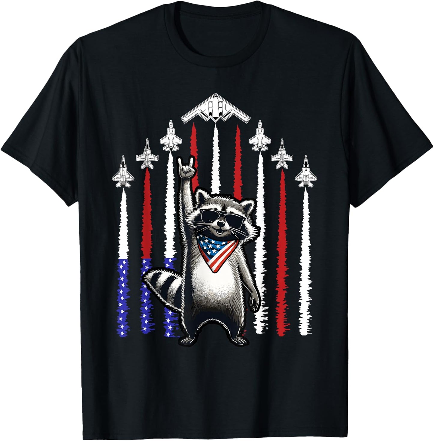 4th of July USA Flag Fighter Jets Raccoon Funny Patriotic T-Shirt - T-Shirt | Black