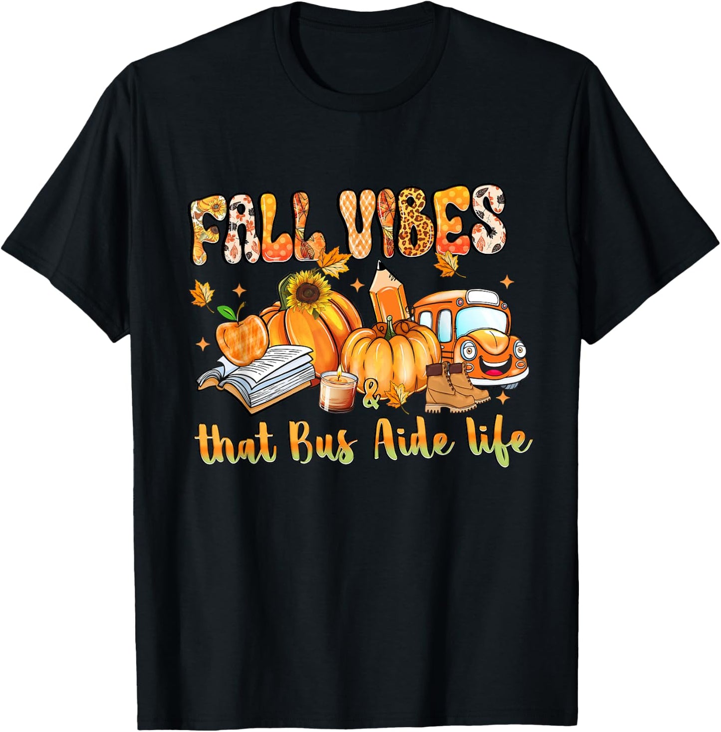 Fall Vibes & That Bus Aide Life Pumpkin Leopard School Bus T-Shirt - T-Shirt | Black