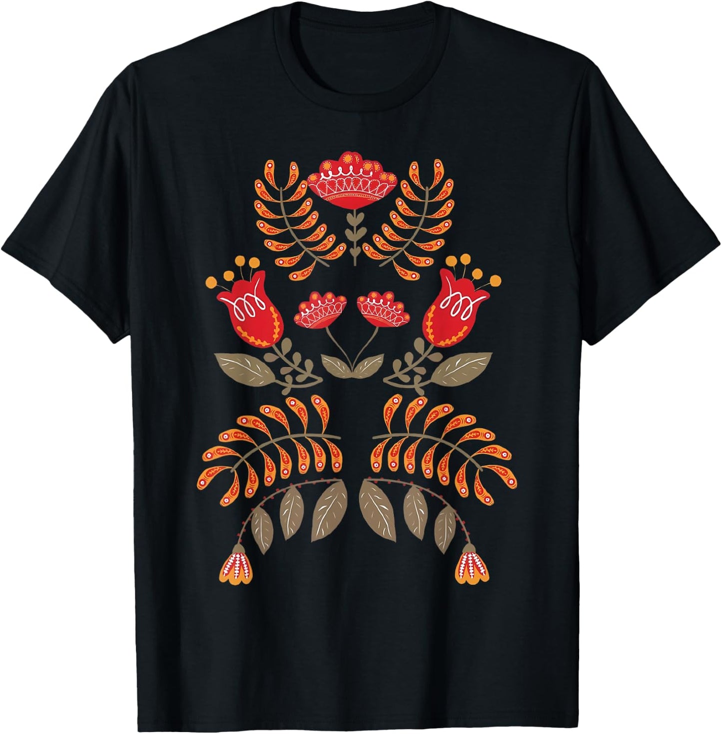 Vintage Flower Scandinavian Folk Art Botanical Mystical T-Shirt - T-Shirt | Black