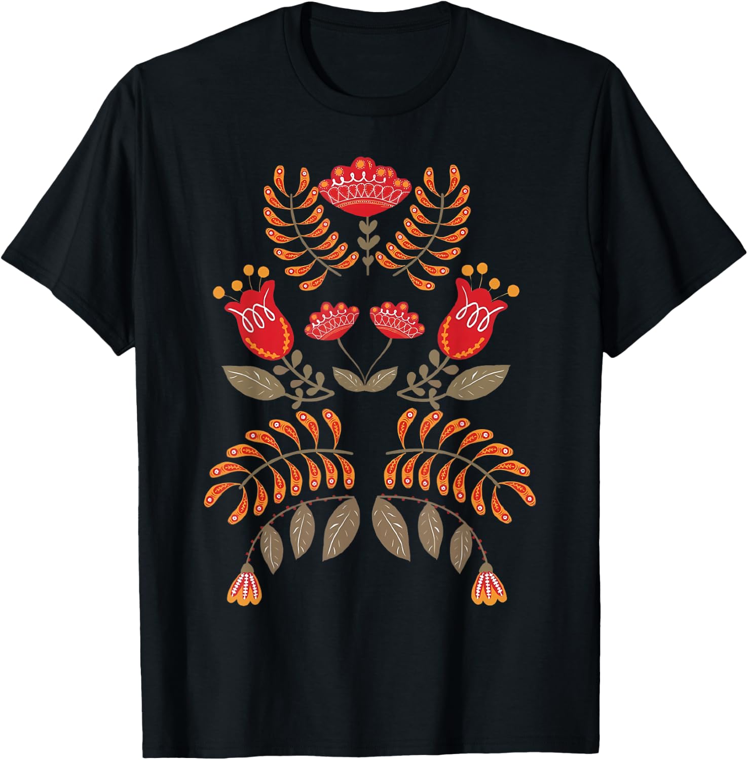 Vintage Flower Scandinavian Folk Art Botanical Mystical T-Shirt - T-Shirt | Black