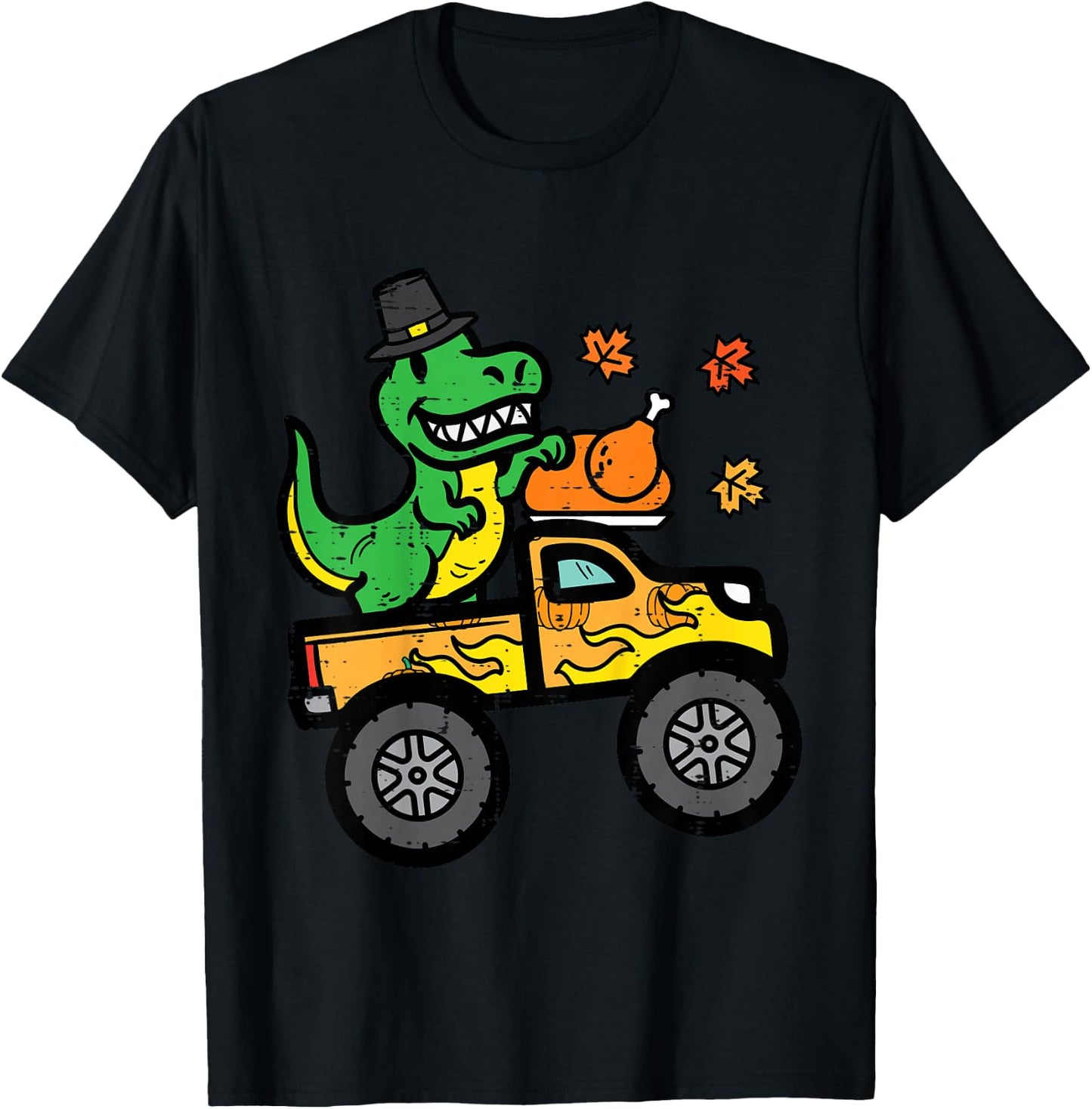 Kids Thanksgiving Dino Monster Truck Fall Trex Toddler Boys Kids T-Shirt - T-Shirt | Black