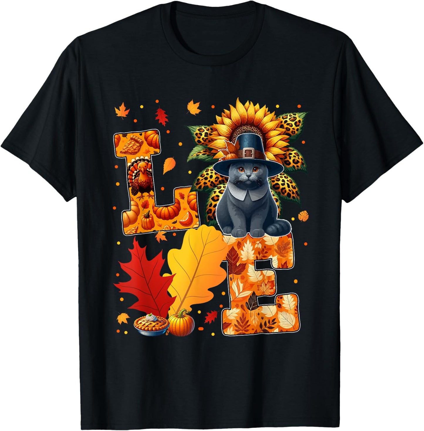LOVE Thanksgiving Russian Blue Cat Costume Fall Leaves Women Kids T-Shirt - T-Shirt | Black