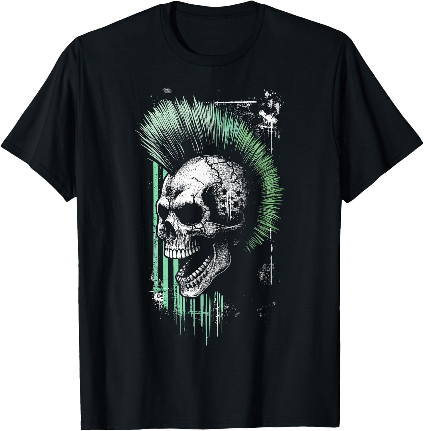 Vintage Graffiti Skull with Green Mohawk T-Shirt - T-Shirt | Black