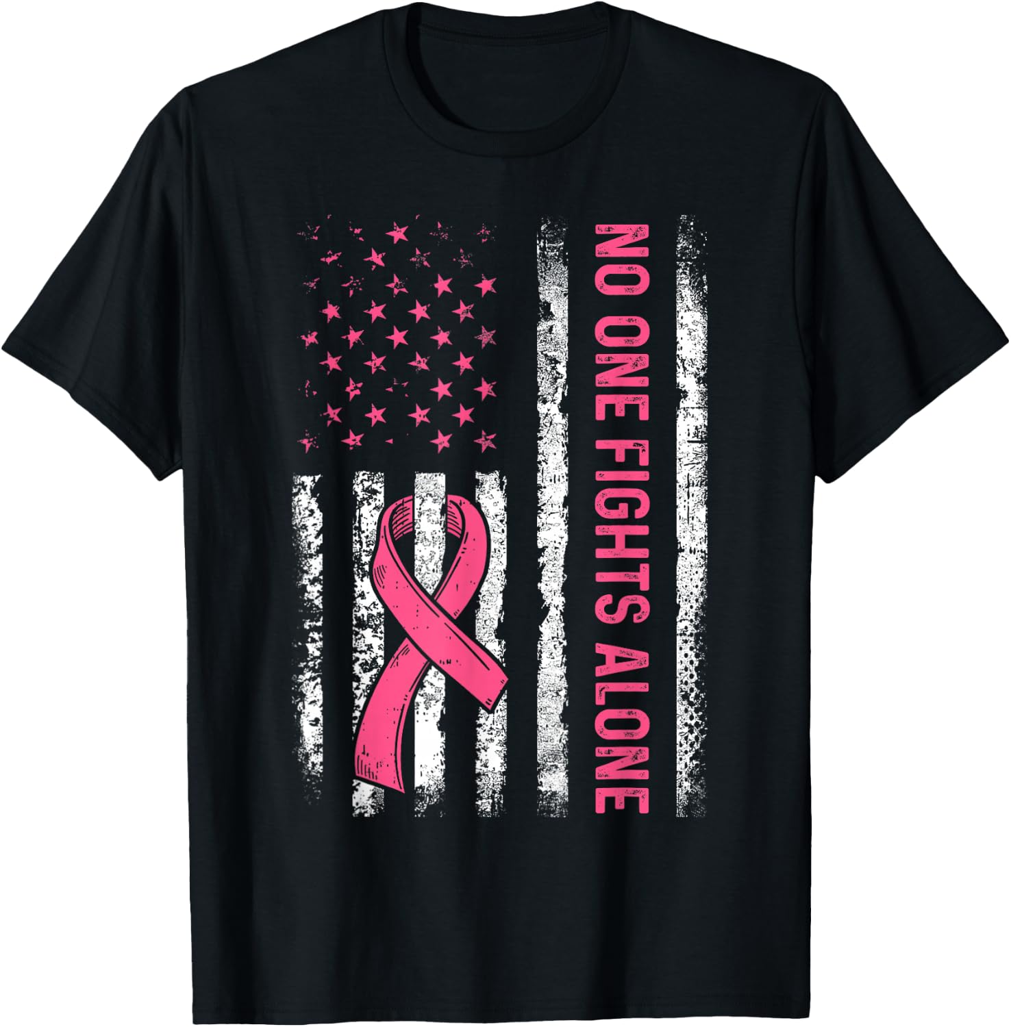 No One Fights Breast Cancer Alone American Flag Pink Ribbon T-Shirt - T-Shirt | Black