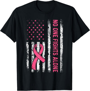 No One Fights Breast Cancer Alone American Flag Pink Ribbon T-Shirt - T-Shirt | Black