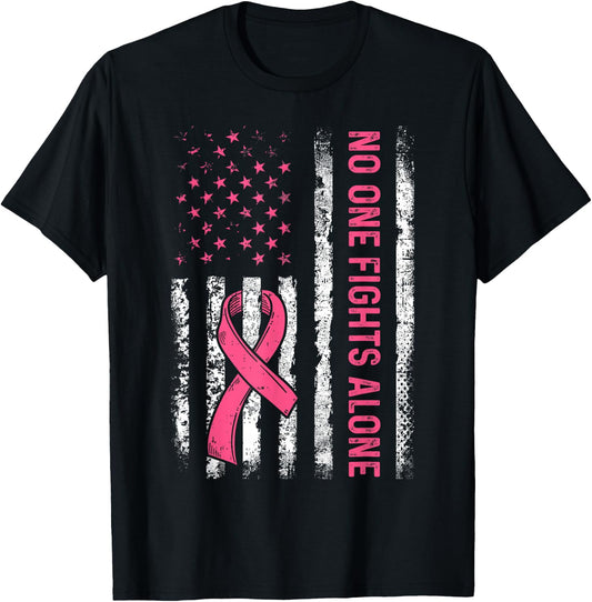 No One Fights Breast Cancer Alone American Flag Pink Ribbon T-Shirt - T-Shirt | Black