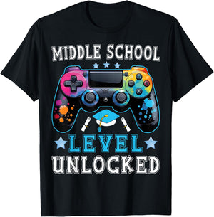 Middle School Level Unlocked Gamer First Day Back To School T-Shirt - T-Shirt | Black
