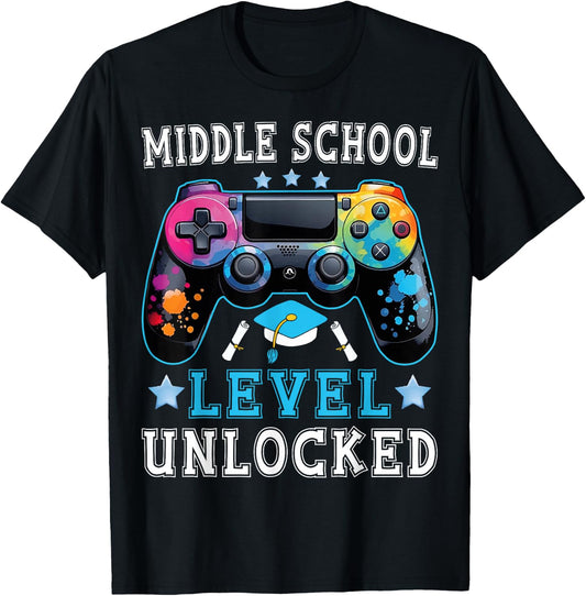 Middle School Level Unlocked Gamer First Day Back To School T-Shirt - T-Shirt | Black