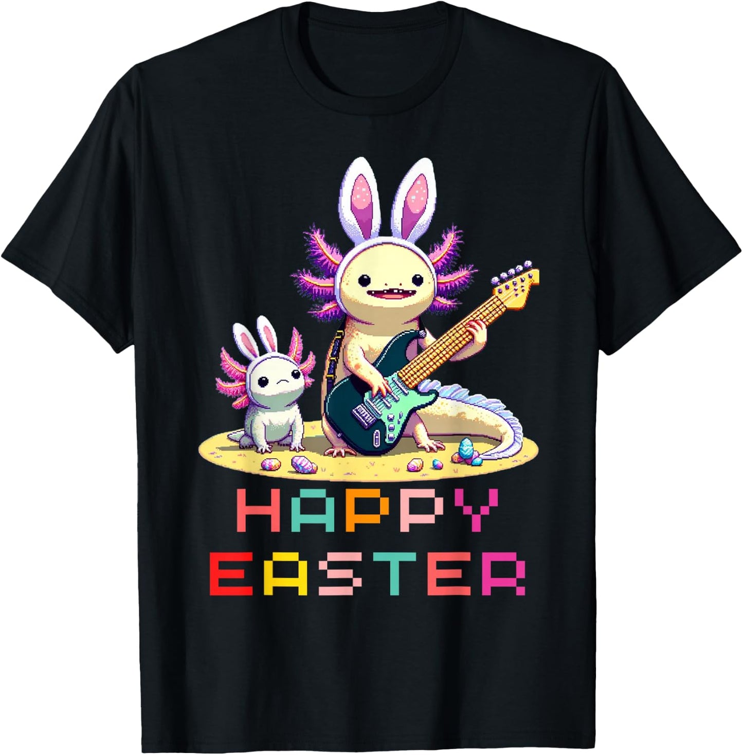 Axolotl Happy Easter EggsRetro Vintage Pixel Art Rock Guitar T-Shirt - T-Shirt | Black