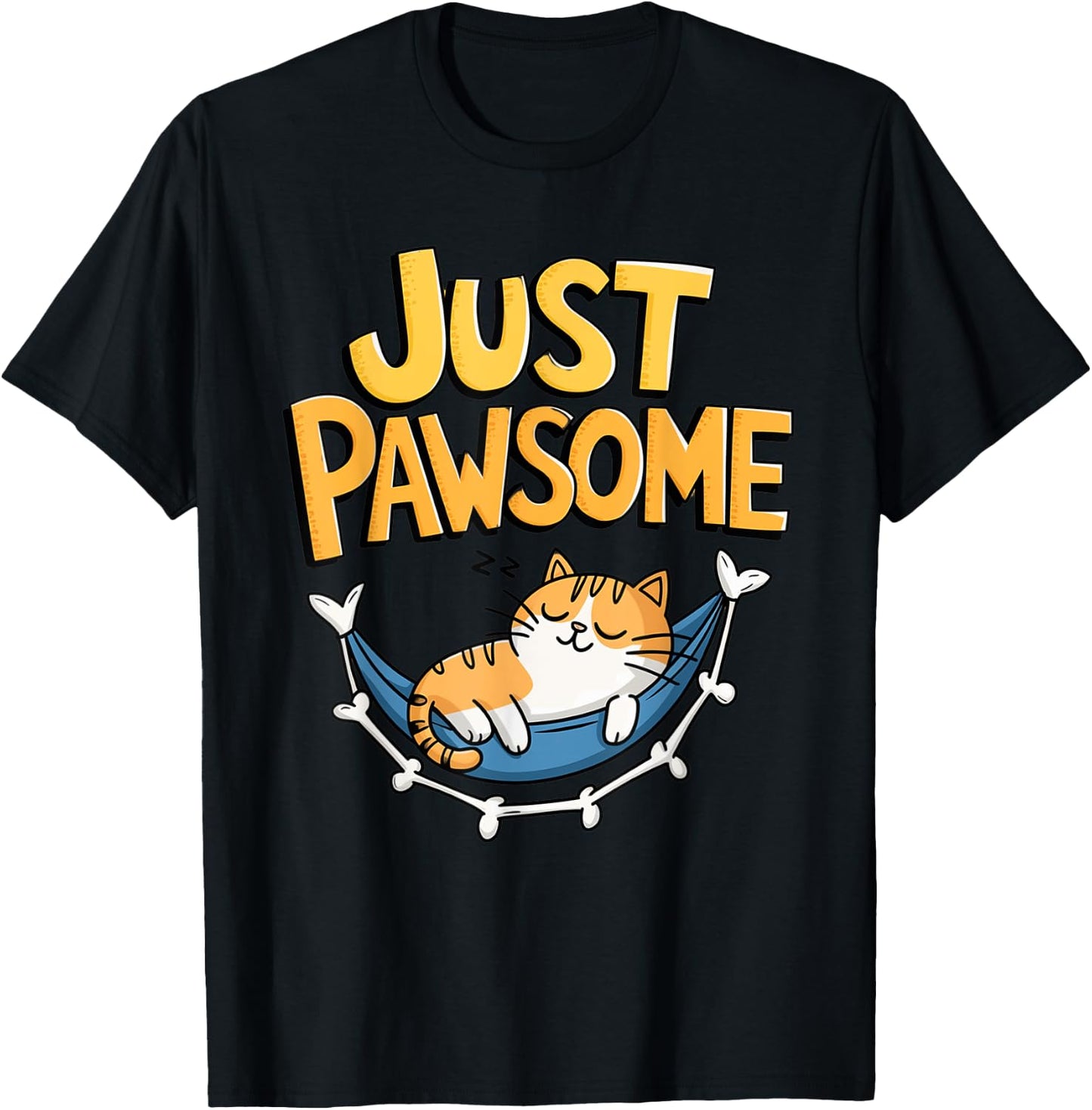 Cartoon Cat Lounging in Hammock Pawsome T-Shirt - T-Shirt | Black
