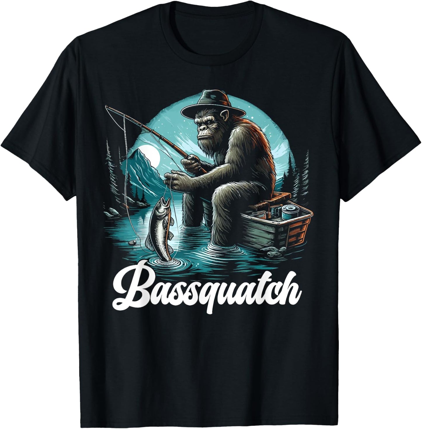 Bassquatch! Funny Bass Fishing Sasquatch Retro 80s Fisherman T-Shirt - T-Shirt | Black