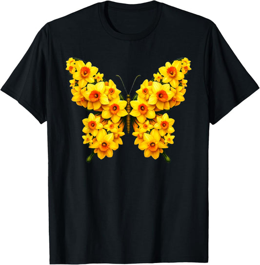 Daffodil Butterfly Flower Gardening Floral T-Shirt - T-Shirt | Black