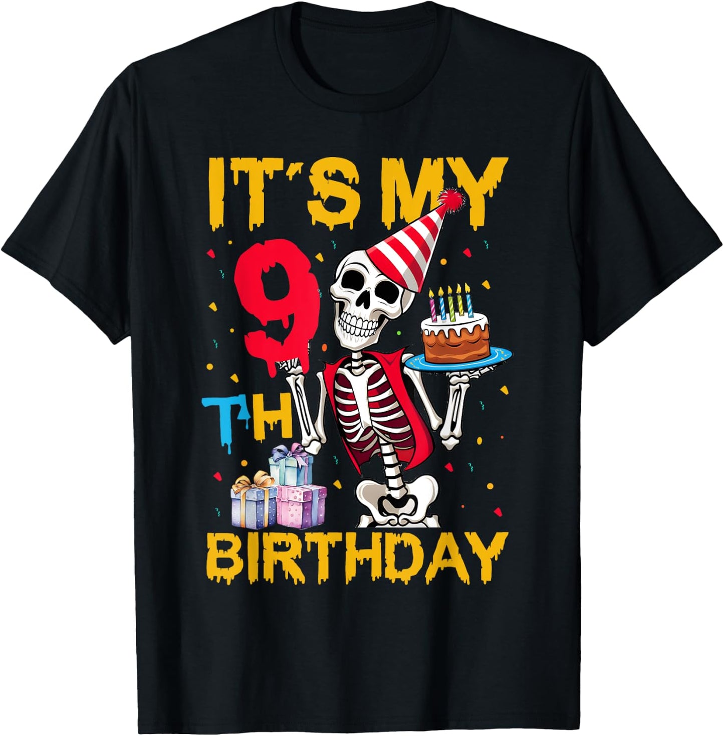 It's My 9th Birthday Party Halloween Skeleton Birthday T-Shirt - T-Shirt | Black