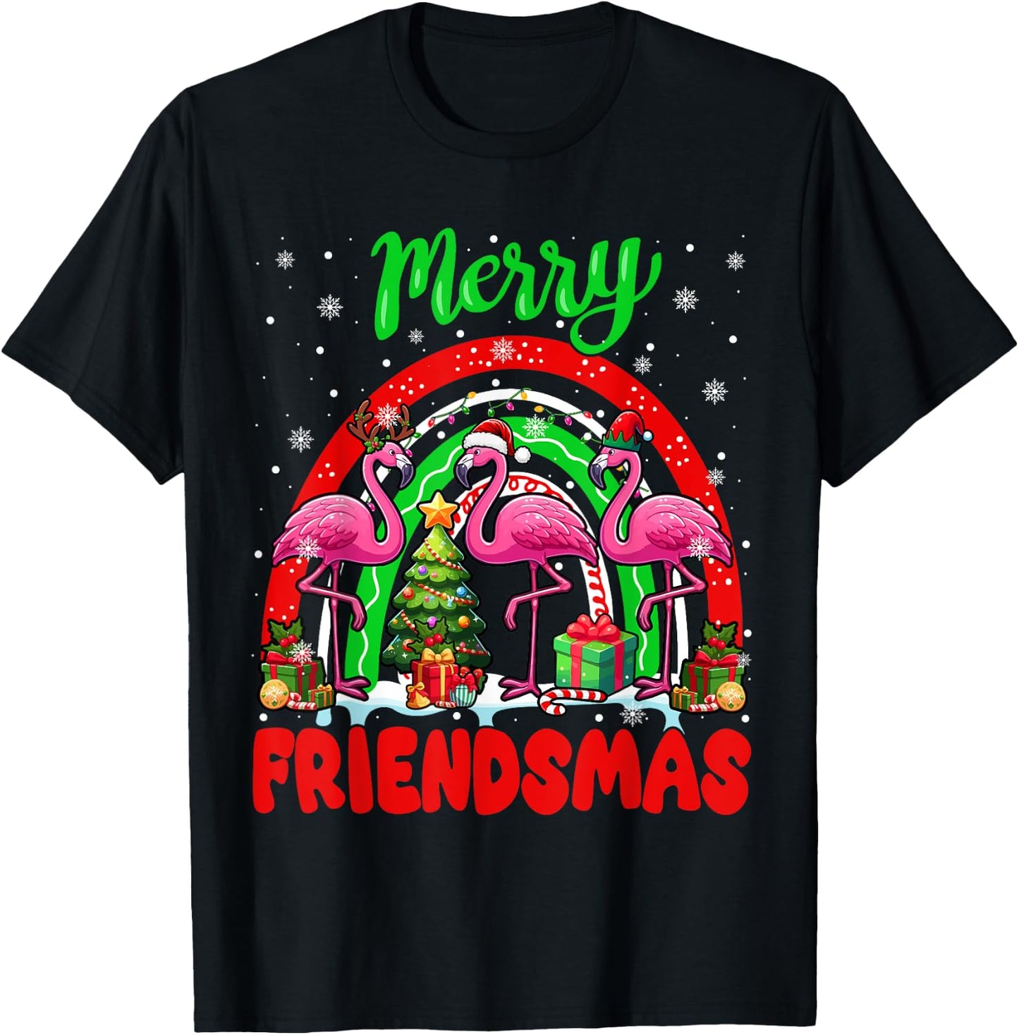 Merry Christmas Friends Three Santa Flamingos Rainbow T-Shirt - T-Shirt | Black