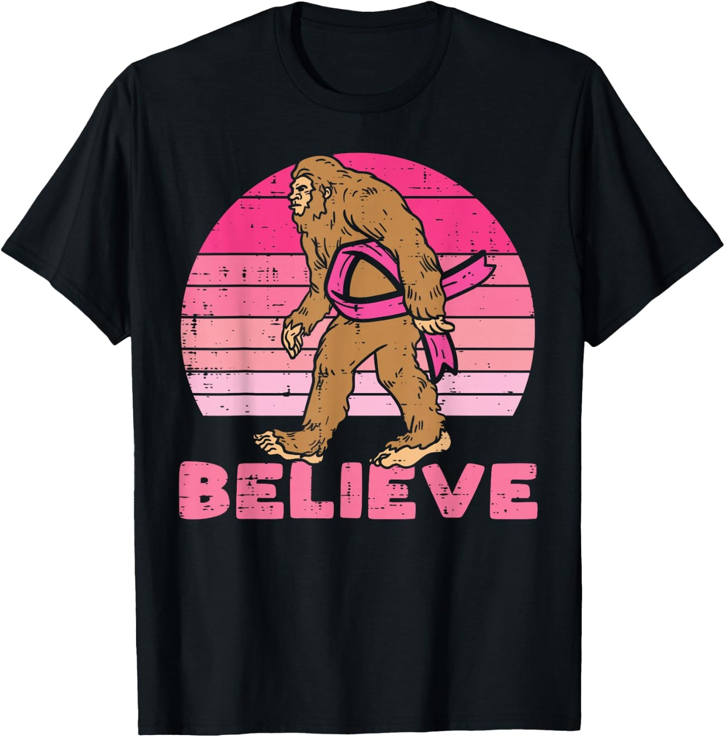 Bigfoot Sasquatch Ribbon Believe Breast Cancer Awareness T-Shirt - T-Shirt | Black