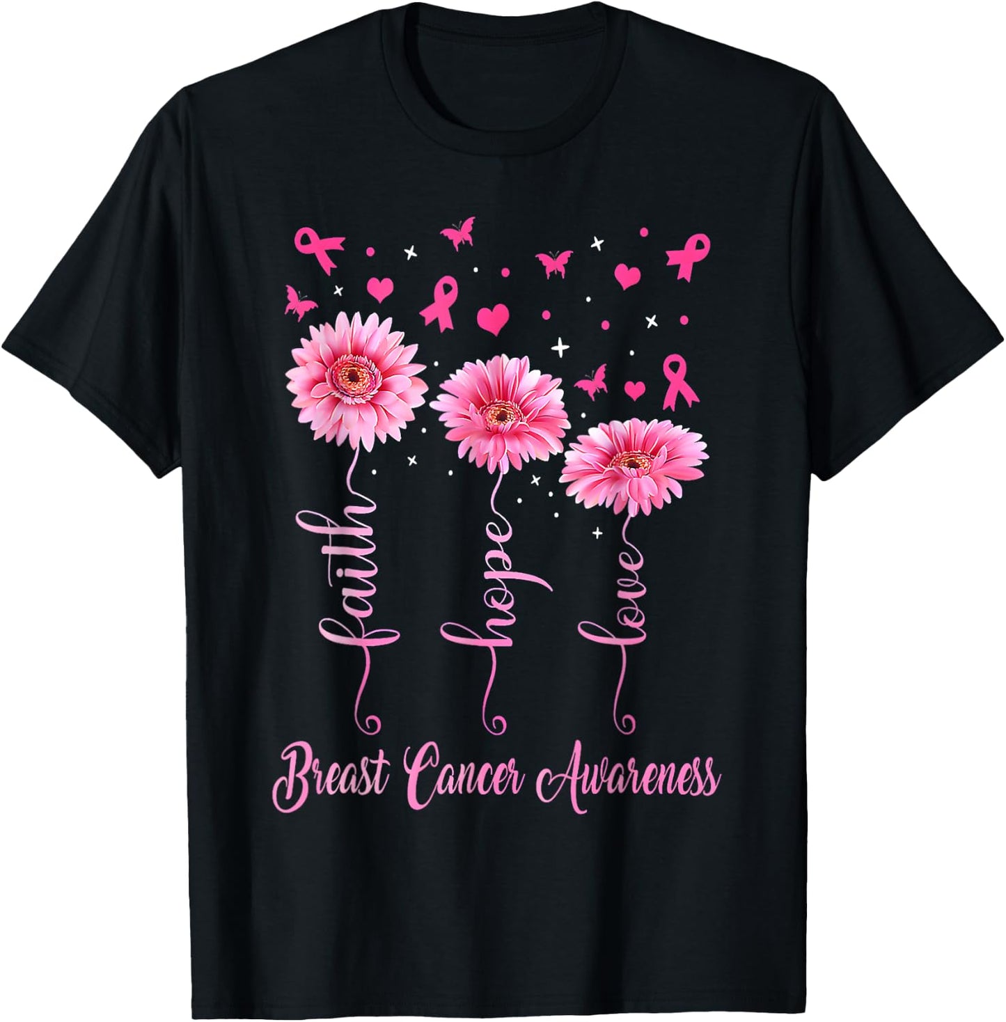 Faith Hope Love Pink Ribbon Daisy Breast Cancer Awareness T-Shirt - T-Shirt | Black