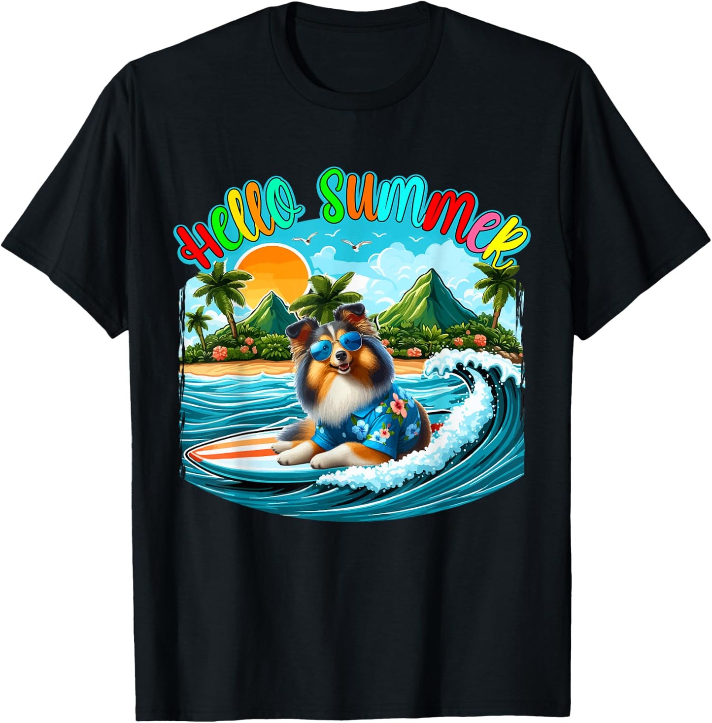 Summer Costume Sheltie Sunglasses Surfing On Beach Surfer Women Kids T-Shirt - T-Shirt | Black