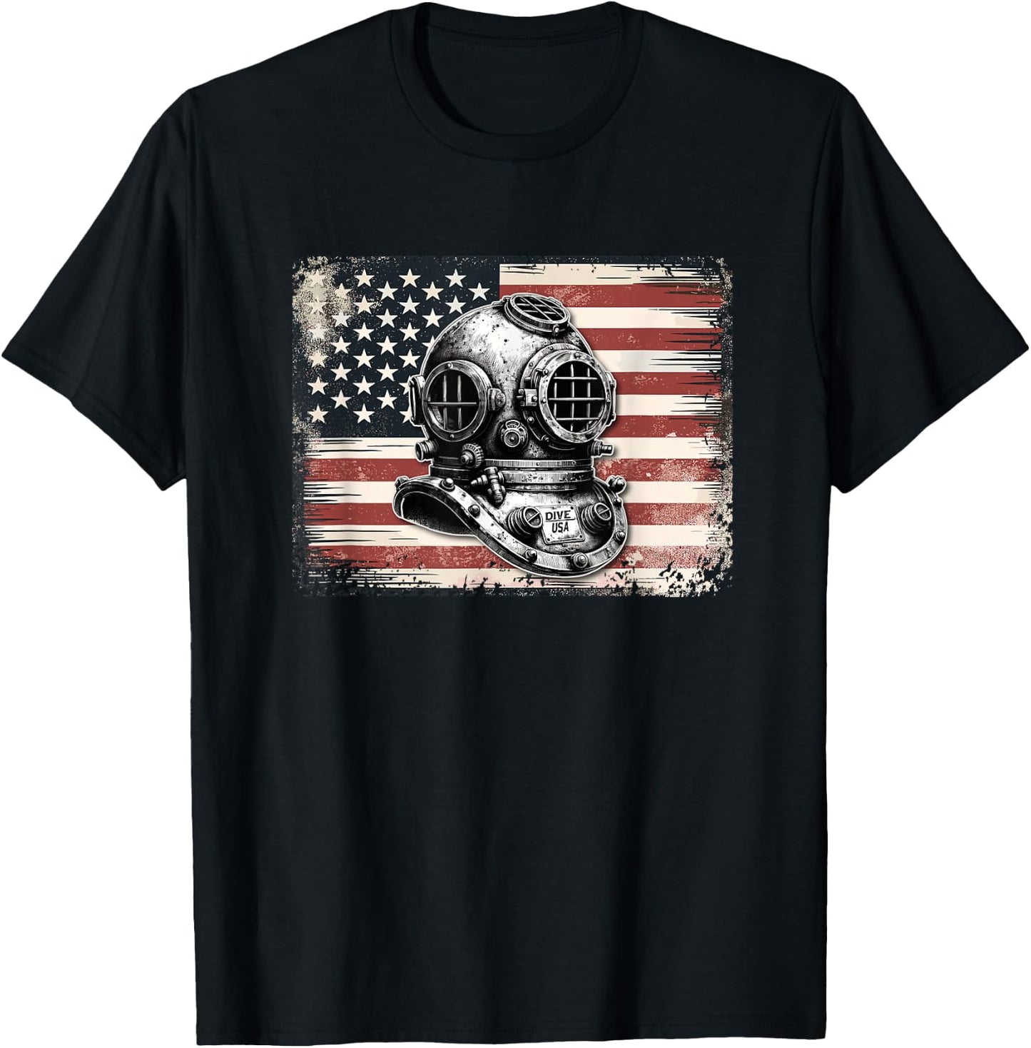 Vintage Scuba Dive Helmet American Flag - Funny Scuba Diving T-Shirt - T-Shirt | Black