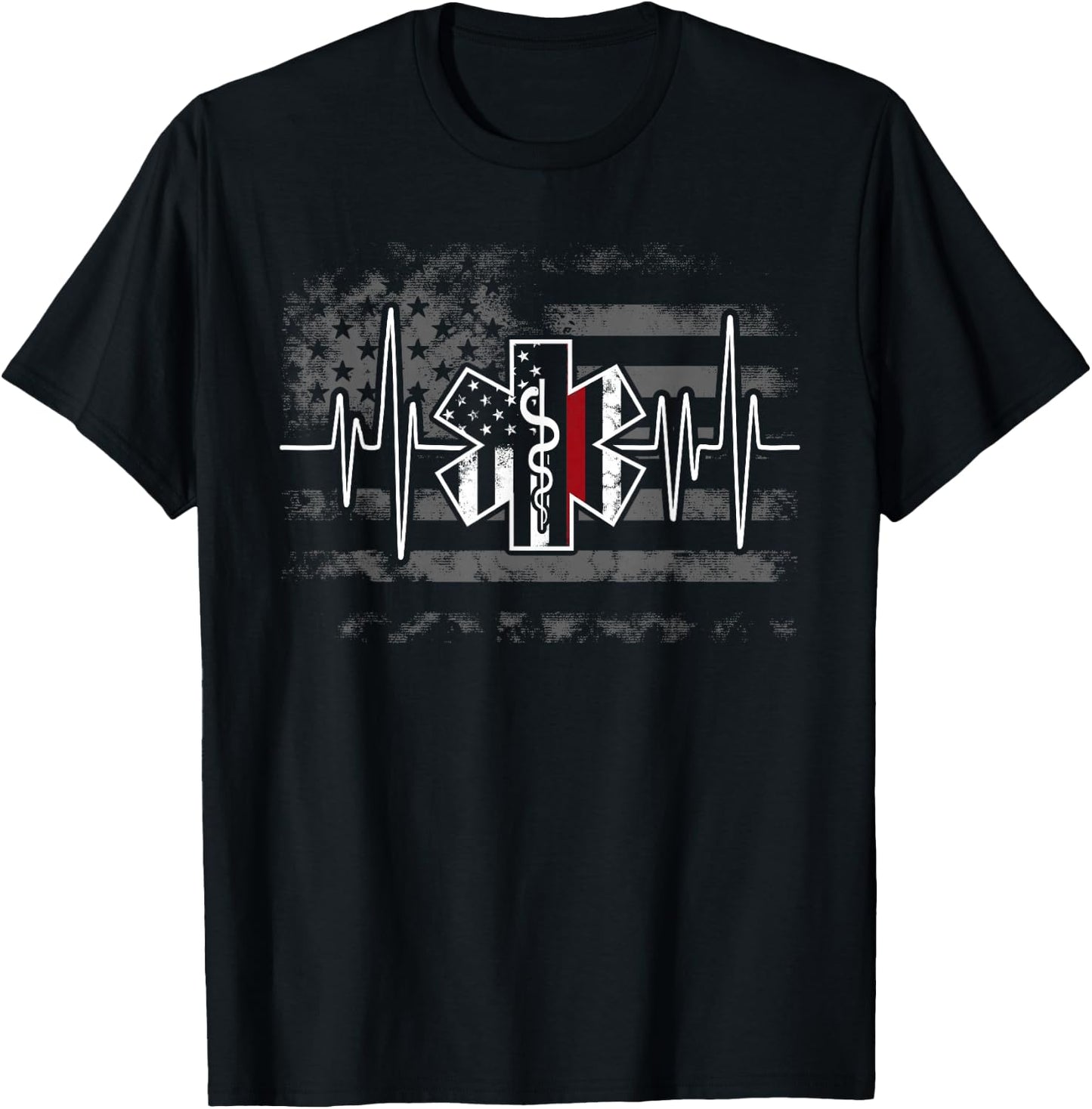 Firefighter EMS Heartbeat EKG Pulse Fireman American Flag T-Shirt - T-Shirt | Black