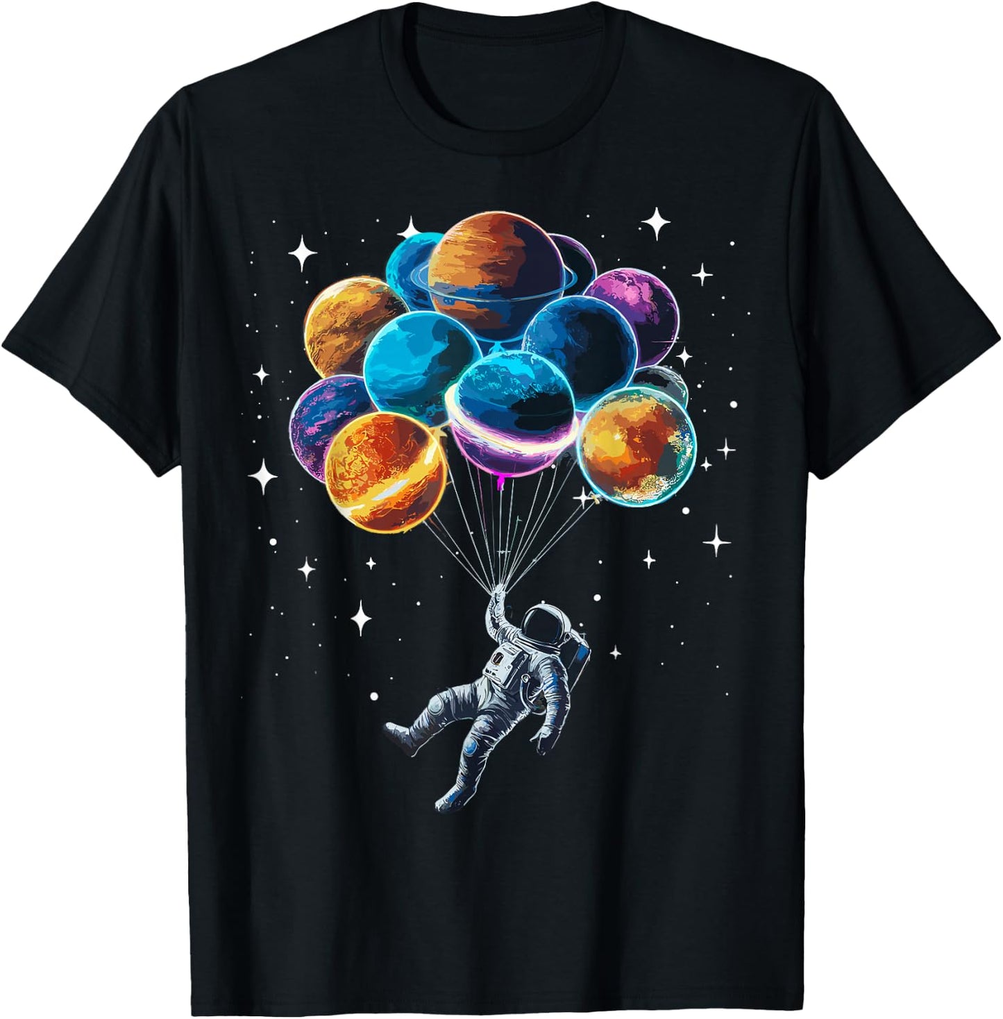 Space Astronaut Holding Planet Balloons Space T-Shirt - T-Shirt | Black