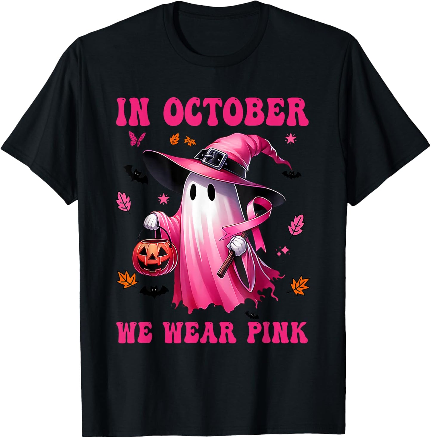 In October We Wear Pink Ghost Fighting Breast Cancer T-Shirt - T-Shirt | Black