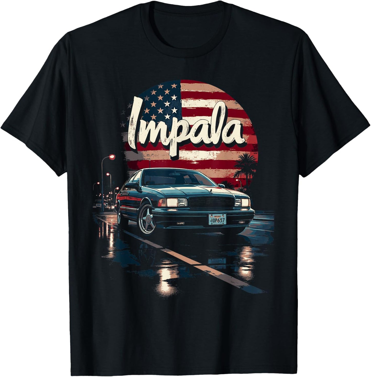 Impala B Body American Flag Impala SS Car 94-96 Coupe T-Shirt - T-Shirt | Black