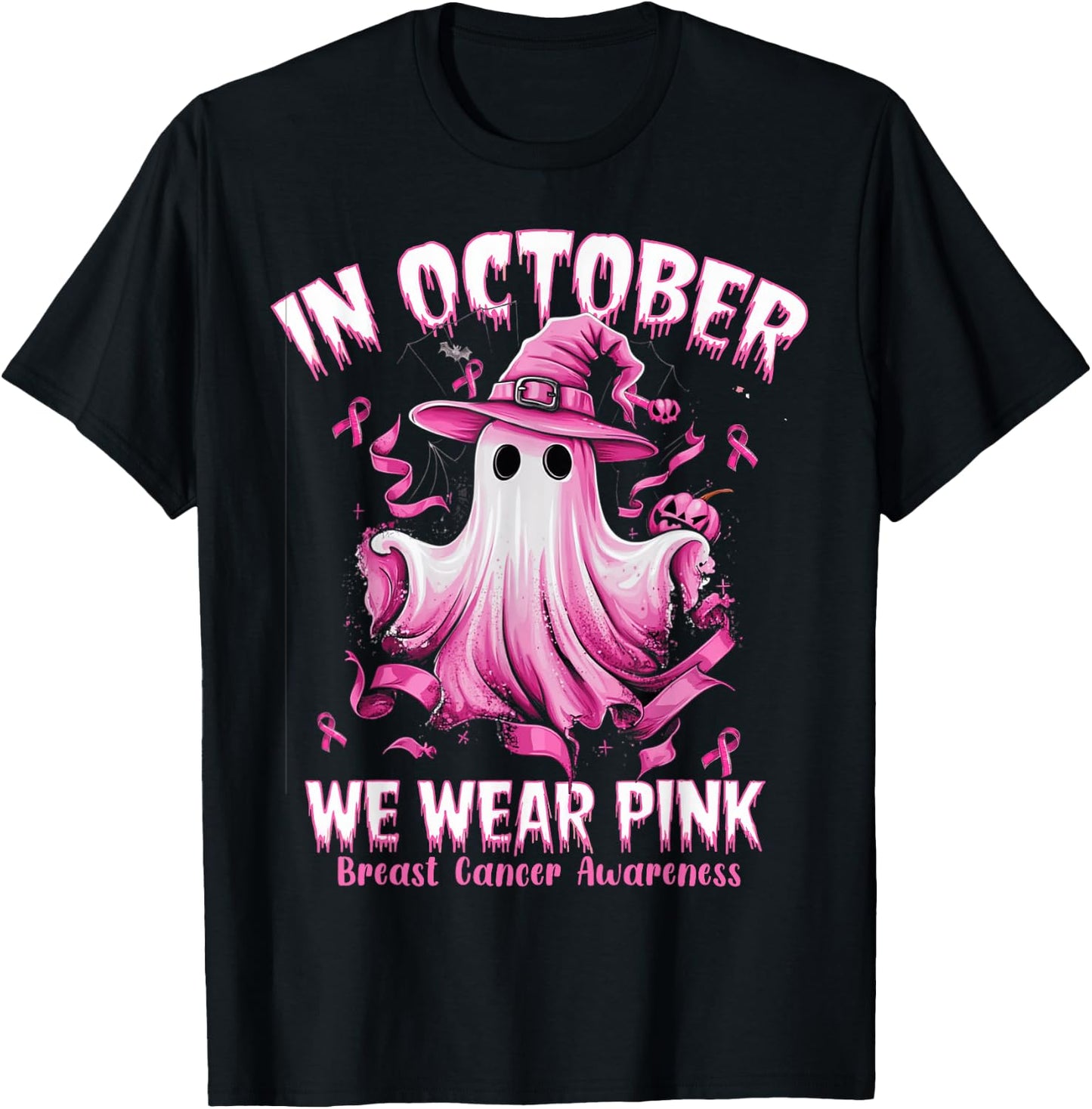 In October We Wear Pink Ghost Witch Breast Cancer Awareness T-Shirt - T-Shirt | Black