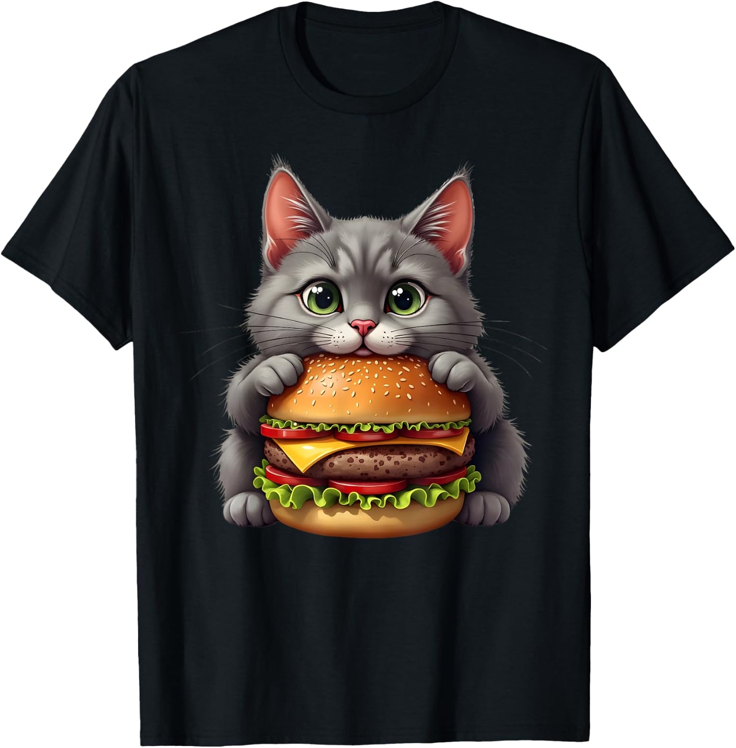 Funny Fast Food Cat Burger Lover Cute Cats Cheeseburger Men Women Kids T-Shirt - T-Shirt | Black