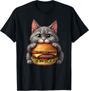 Funny Fast Food Cat Burger Lover Cute Cats Cheeseburger Men Women Kids T-Shirt - T-Shirt | Black